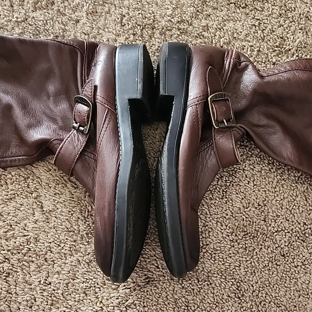 Frye boys 3 pull on leather buckle boots shoes mid calf closed toe heeled brown